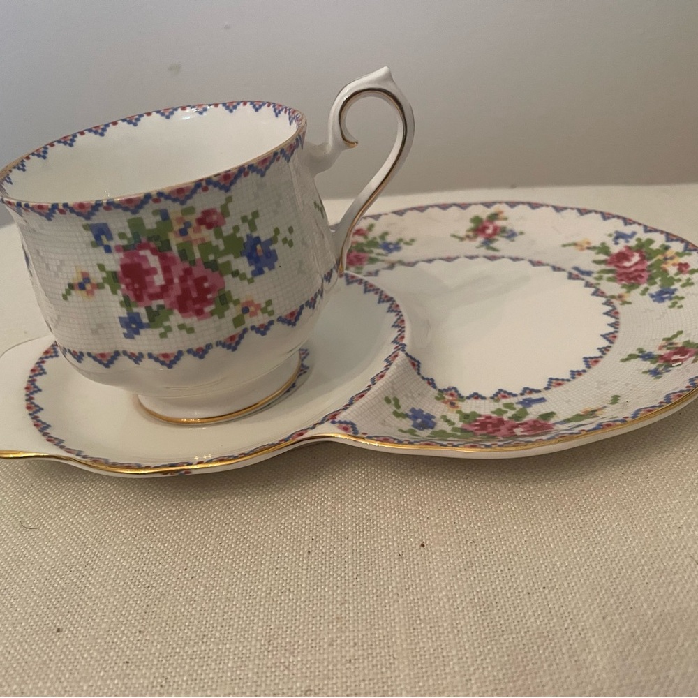 Charming Floral Teacup Saucer Snack Set with Gold Accents